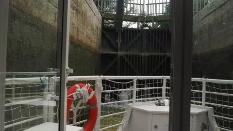 Boat waiting at the lock on the river Baise condom france 4k Stock Footage 157805065