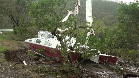 Boat Washed Ashore By Storm Surge Of Major Hurricane Stock Footage