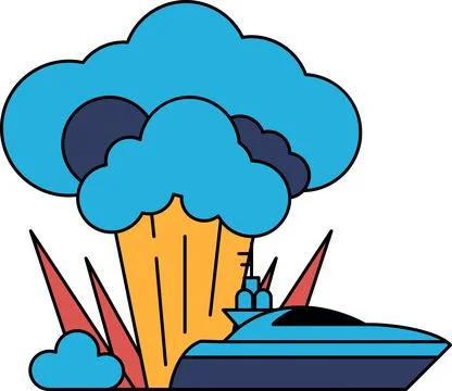 A boat is in the water with a cloud of smoke in the background Stock Illustration