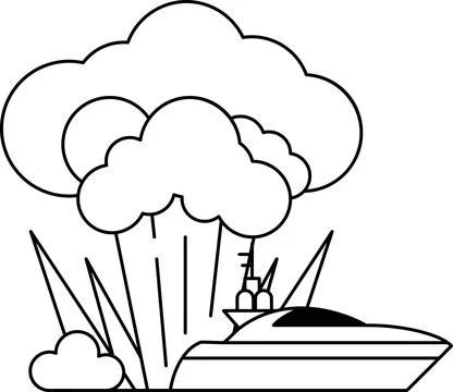A boat is in the water with a cloud of smoke in the background Stock Illustration