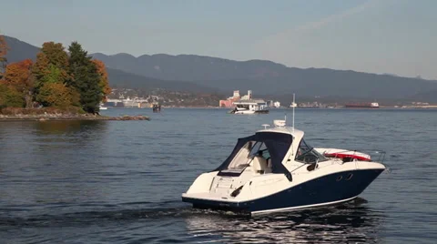 Boat on water with mountain background Stock Footage 30119673