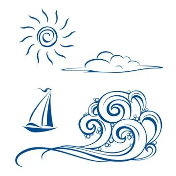 Boat waves, clouds and sun Illustrazione stock