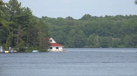 Boathouse With Red Roof Stock Footage 52086355