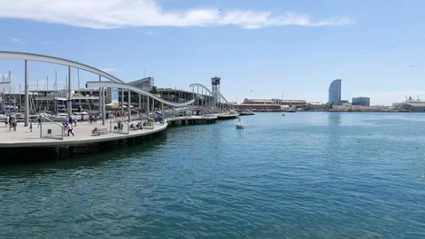 Boating along Rambla del Mar at Port Vell, Barcelona Stock Footage 102319909