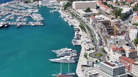 Boats and Promenade on Split West Coast Viewed from Drone Stock Footage 327042682