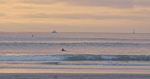 Boats and Surfer at Sunset Stock Footage 115288133
