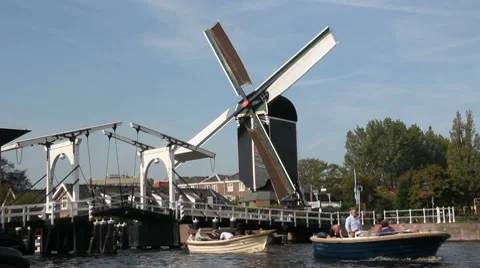 Boats and Windmill in Holland Stock Footage