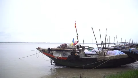 Boats are standing on the river Stock Footage 248713370