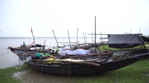 Boats are standing on the river Stock Footage 248713452