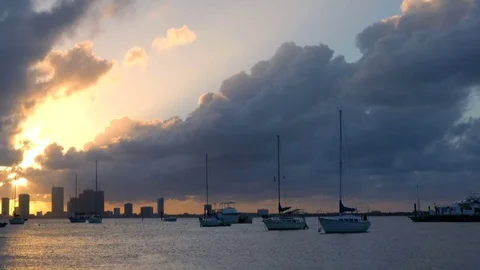 Boats in the Bay at Sunset Video stock 76102289