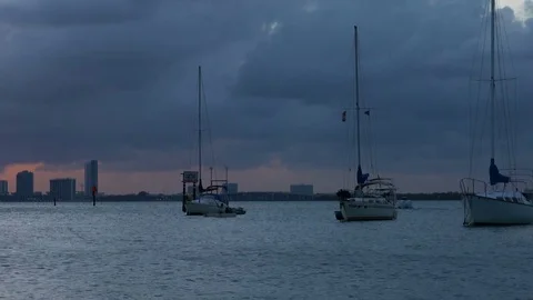 Boats in the Bay at Sunset Stock Footage 76131171
