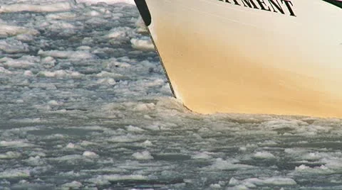 Boat's Bow Pushing through Icy Slushy Waters Stock Footage 10785591