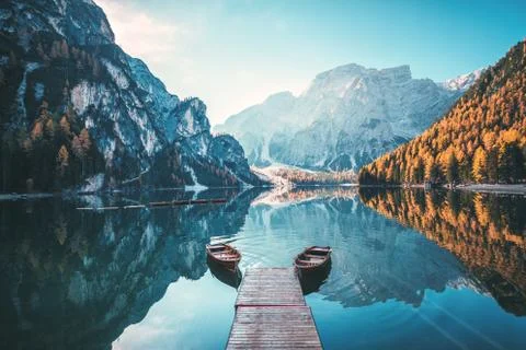 Boats on the Braies Lake ( Pragser Wildsee ) in Dolomites mountains, Sudtirol Stock Photos