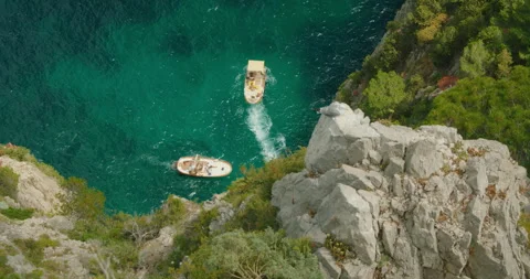 Boats circle below rocky Capri cliff with turquoise water and perched seagull on Stock Footage 345530793