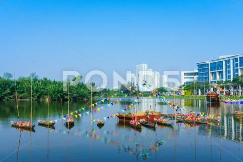 Boats in city port Stock Photos