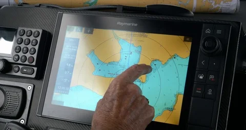 Boats computer navigation mapping charts on touch display Stock Footage 126668110