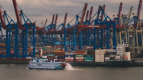 Boats in the container port Stock Footage 87815035
