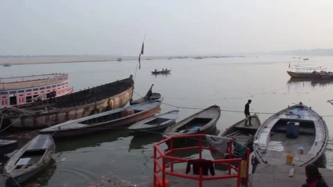 Boats Docked On The Ganges River In Varanasi, India Stock Footage 159174889