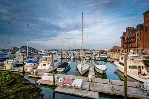 Boats docked in a marina on the waterfront in the North End of Boston, Mass.. Stock Photos