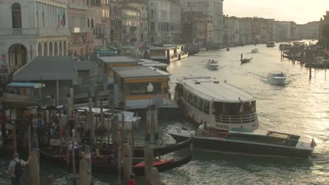 Boats Docking in Pier During Sunset in Venice, Italy Stock Footage 148628446