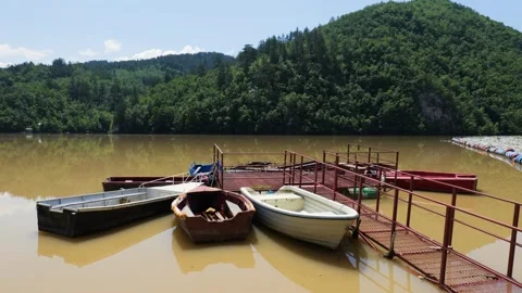 Boats on the Drina river. Garbage floating on the river. Stock Footage 265157336