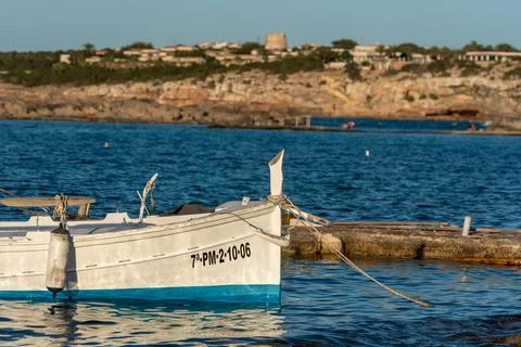 Boats in Es Pujols in Formentera in Spain in the summer 2021. Stock Photos