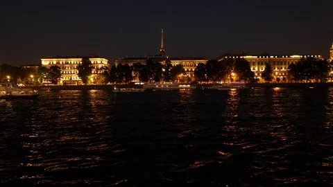 Boats float on the river in the center of St. Petersburg at night Stock Footage 111455841