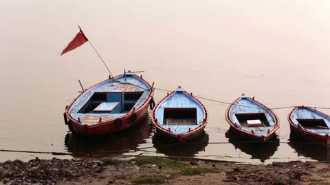 Boats of Ganges River in Varanasi Stock Footage 132967899