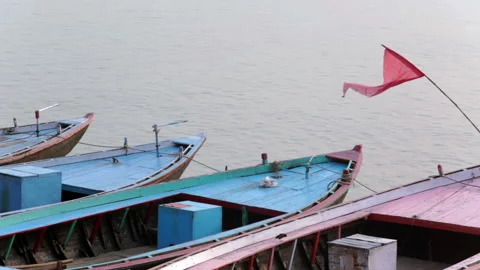 Boats of Ganges River in Varanasi Stock Footage 132968830