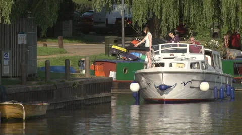 Boats on the Great Ouse river at Ely Stock Footage 46690015