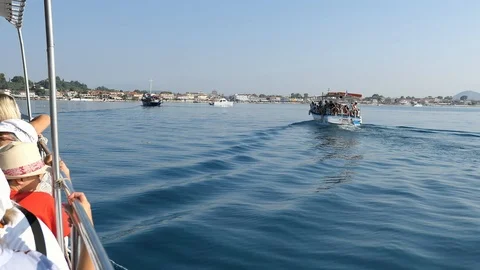 Boats looking for Loggerhead turtle caretta The Bay of Laganas Stock-Footage 115576255