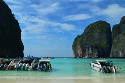 Boats in Maya Beach, Phi Phi Islands Stock Photos