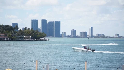 Boats With Miami Cityscape Stock Footage 129613232