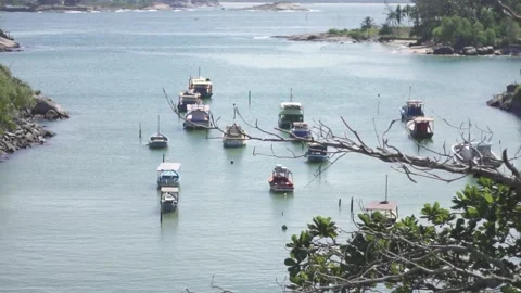 Boats moored on the beach seen from above. Praia do Ribeiro, Espirito Santo Stock Footage 216190849