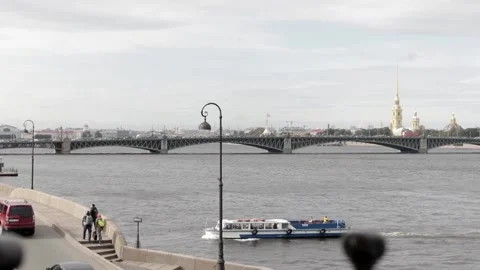Boats on Neva river, Trinity bridge, Fontanka canal Stock Footage 146077814