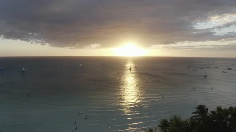 Boats passing in front of sunset (Drone, 4k LOG) Stock Footage 117469207