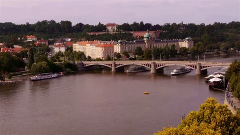 Boats passing under Bridge in Prague Stock Footage 82706278