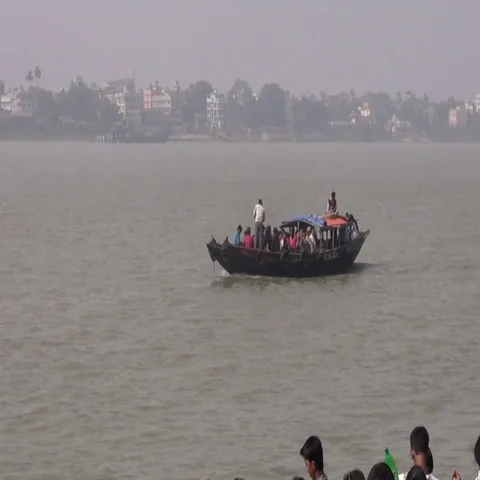 boats with people on Hooghly river near , Stock Video