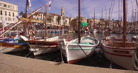 Boats in the port of Sanary-sur-Mer, in the Mediterranean sea, France Stock Footage