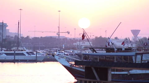 Boats in Qatar with sunset in the background Stock Footage 68526533