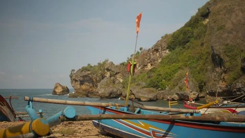 Boats with Rag Flag Waving Surrounded by Hill Slow Motion Stock Footage 280376668