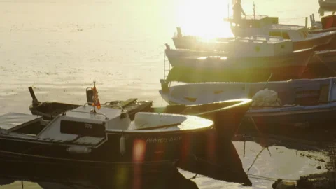 Boats Resting by the Lakeside at Sunset Stock Footage 282929210