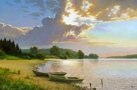 Boats-on-river-bank-with-dramatic-clouds-landscape 스톡 일러스트
