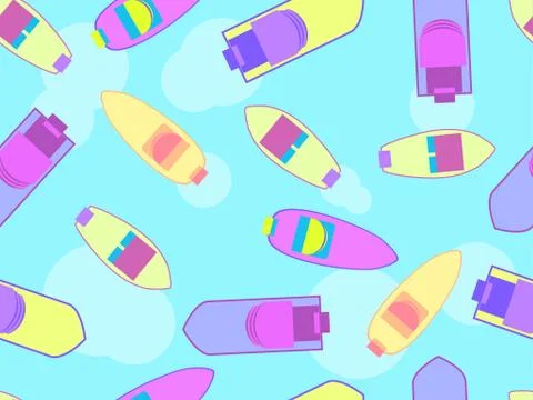 Boats seamless pattern, top view. Boats float on the sea in a flat style, sum Stock Illustration