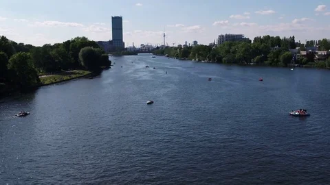 Boats on the Spree river, summer in Berlin, aerial. Stock Footage 80598270