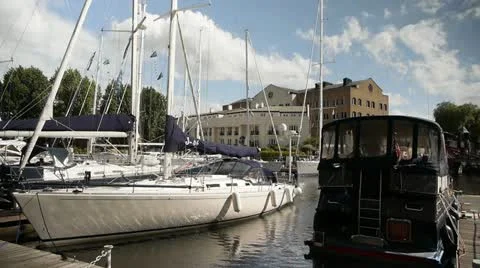 Boats st. Katherines Dock London Clouds Timelapse Stock Footage