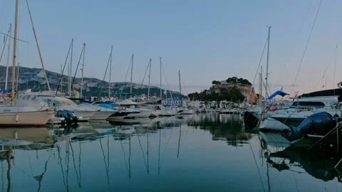 Boats standing at a harbor at dusk time of day. Stock Footage 205224723