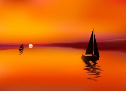 Boats in sunset background Stock Illustration