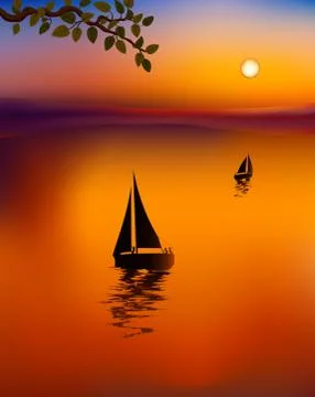 Boats in sunset background Stock Illustration