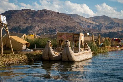 Boats in the Uros Floating Islands in Lake Titicaca, Peru Stock Photos